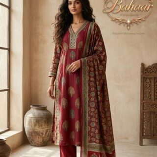 Mehroon Colour Ajrakh Print 3 Piece Cotton Suit