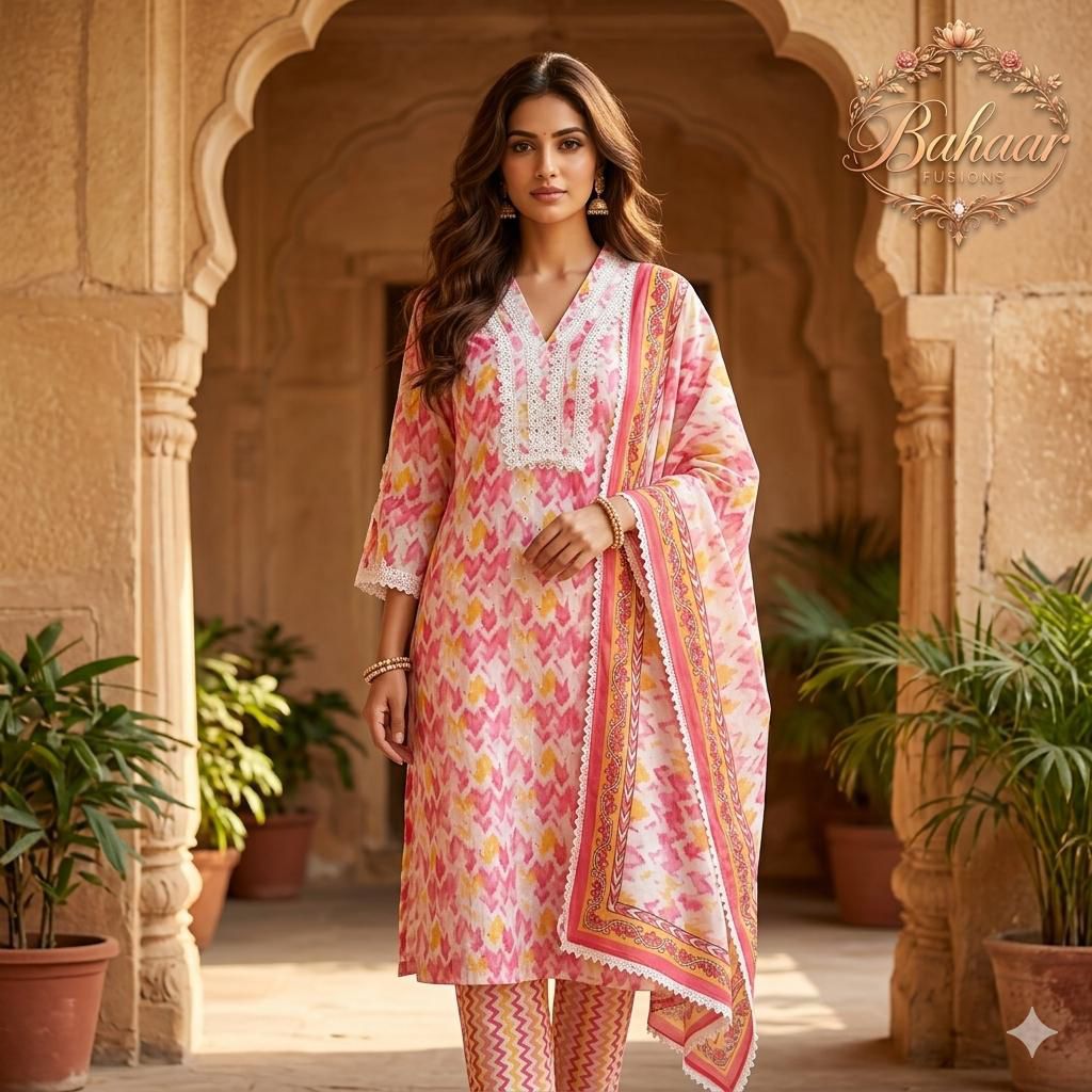 Pink & Yellow Lace Suit in 3 Piece