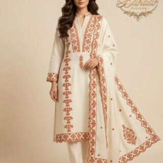 Brown Embroidery Cream Colour 3 Piece Cotton Suit