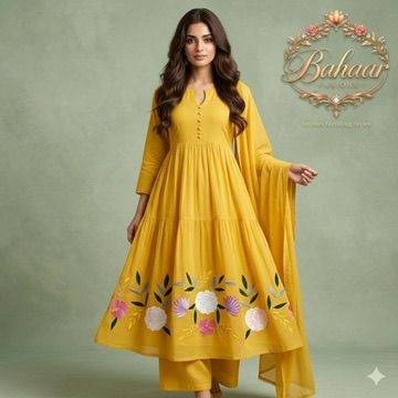 Mustard Yellow Tiered Anarkali Suit Set with Pastel Floral Appliqué & Potli Buttons
