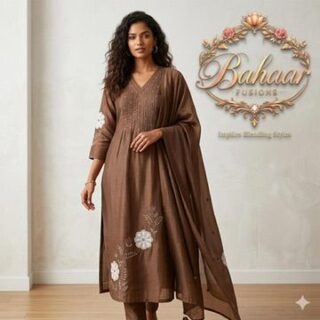 Mocha Brown Cotton Silk Suit Set with Pintuck Yoke & Ivory Floral Embroidery