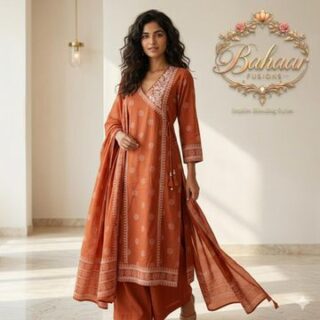 Orange Colour Angrakha Style 3 Piece Suit
