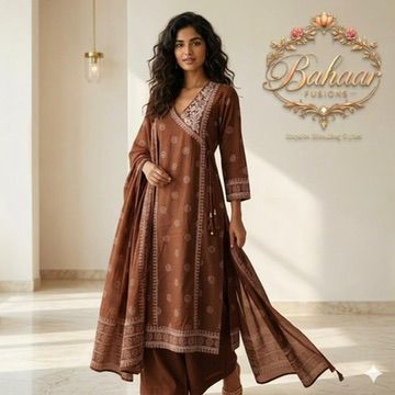 Chocolate Brown Cotton Angrakha Suit Set with Ivory Bandhani Print & Tassel Detailing