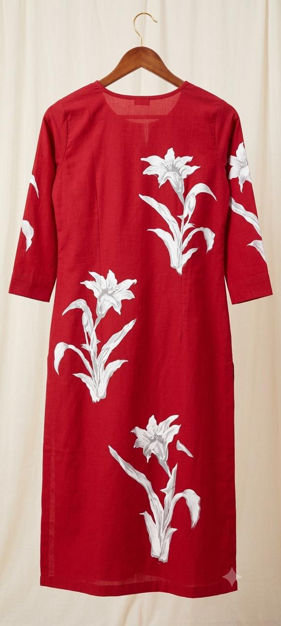 Magenta Cotton Suit Set with Large Ivory Floral Print & Mirror Work - Image 2