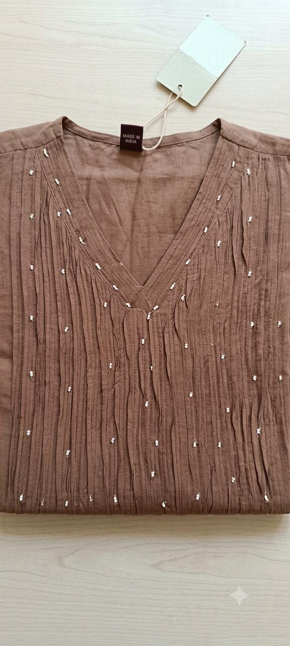 Mocha Brown Cotton Silk Suit Set with Pintuck Yoke & Ivory Floral Embroidery - Image 5