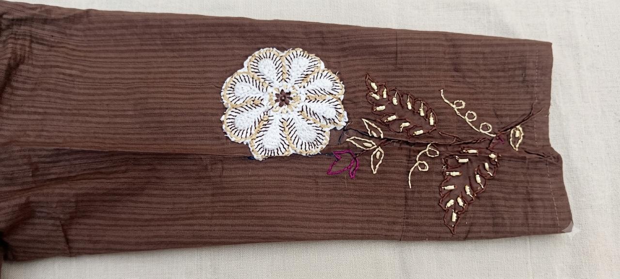 Mocha Brown Cotton Silk Suit Set with Pintuck Yoke & Ivory Floral Embroidery - Image 2