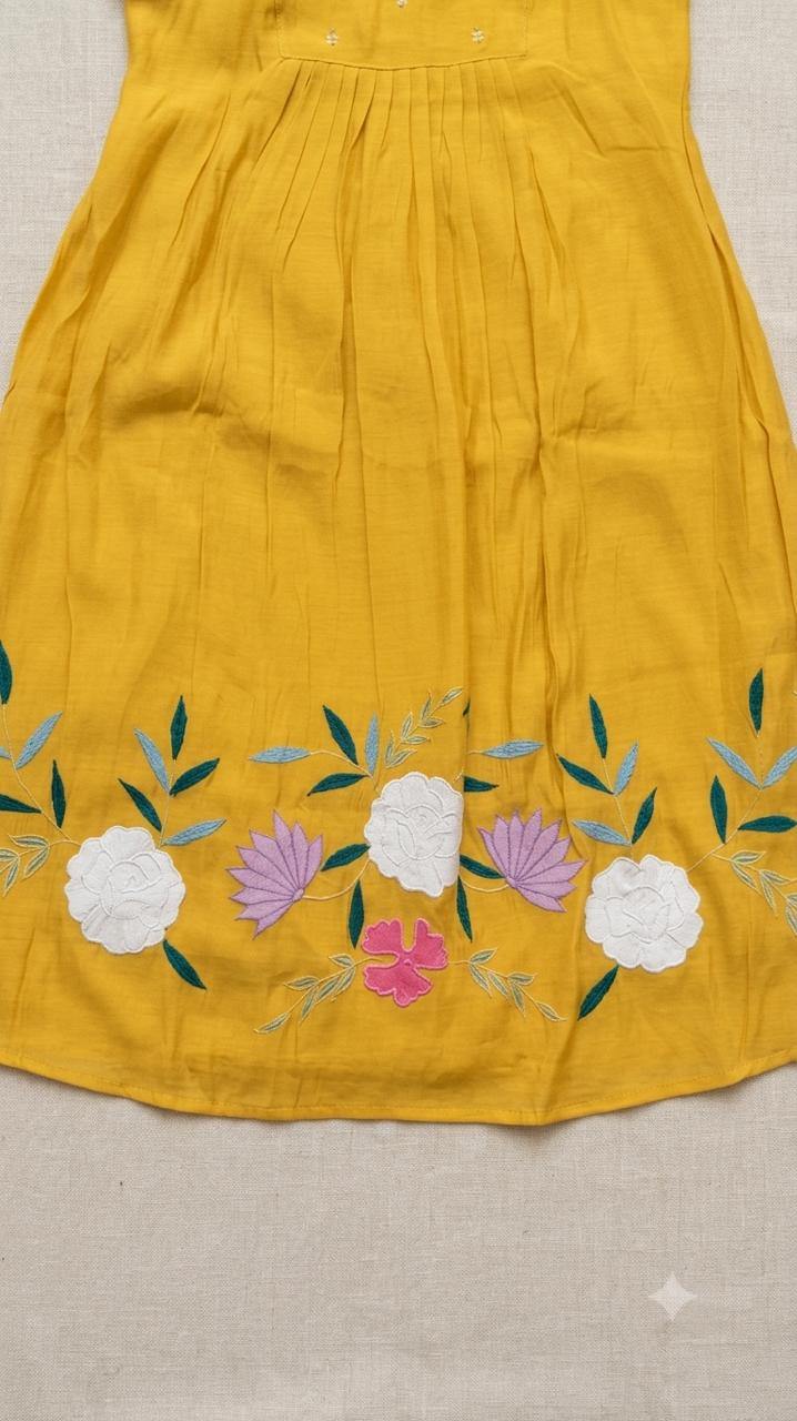 Mustard Yellow Tiered Anarkali Suit Set with Pastel Floral Appliqué & Potli Buttons - Image 3