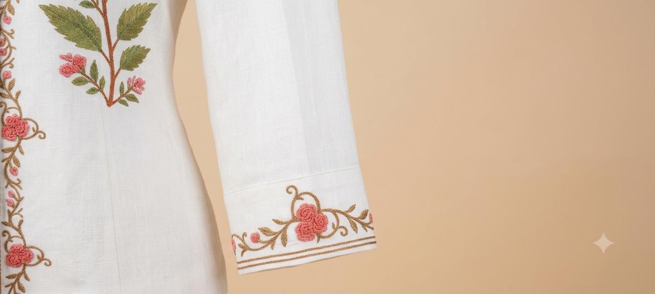Ivory Cotton Linen Co-ord Set with Mughal Floral Print - Image 2