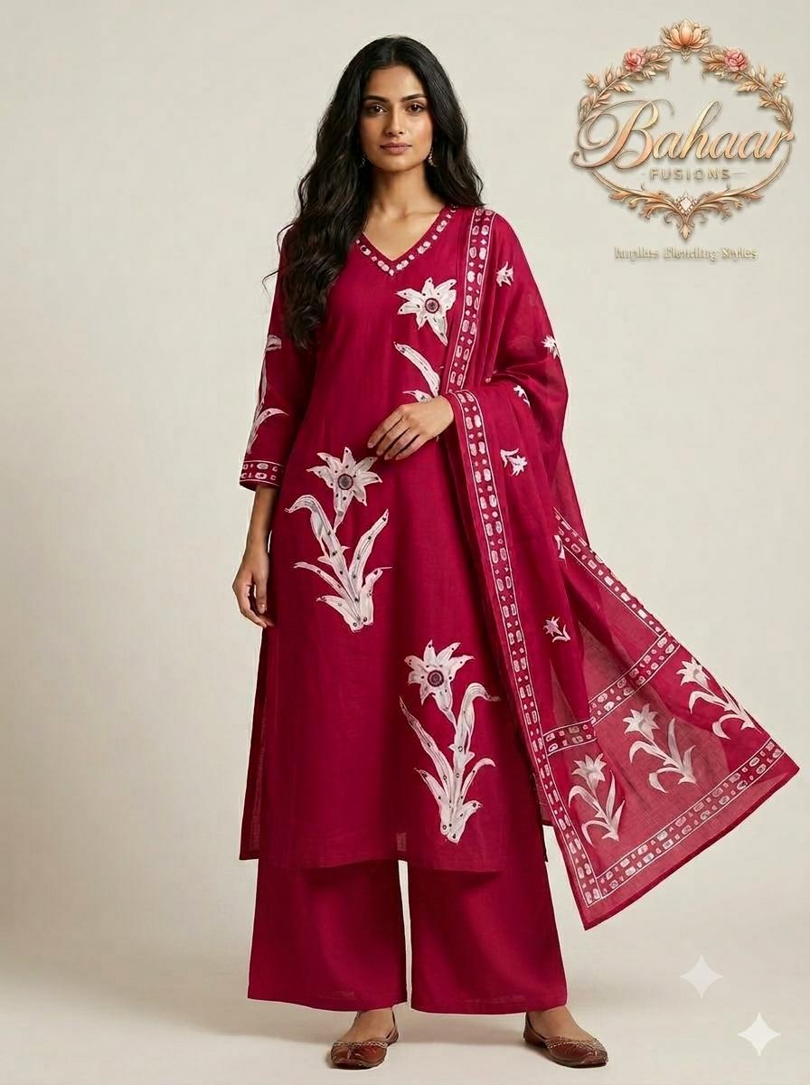 Magenta Cotton Suit Set with Large Ivory Floral Print & Mirror Work