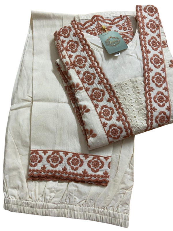 Ivory Cotton Rust Brown Embroidery Suit