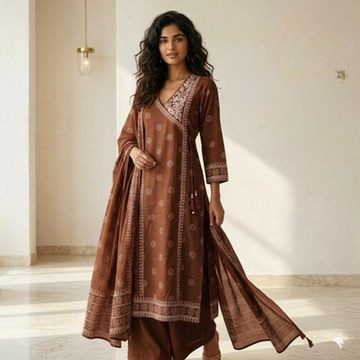 Chocolate Brown Cotton Angrakha Suit Set