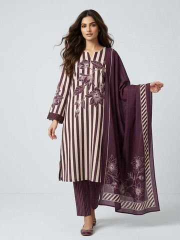 Wine & Ivory Striped Cotton Suit