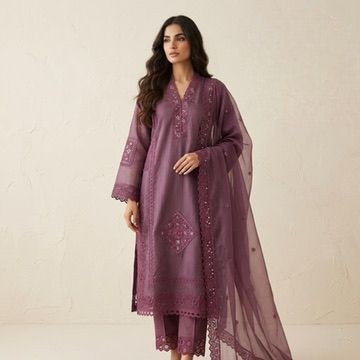 Mauve Chanderi Silk Suit Set with Lace & Mirror Work Detailing