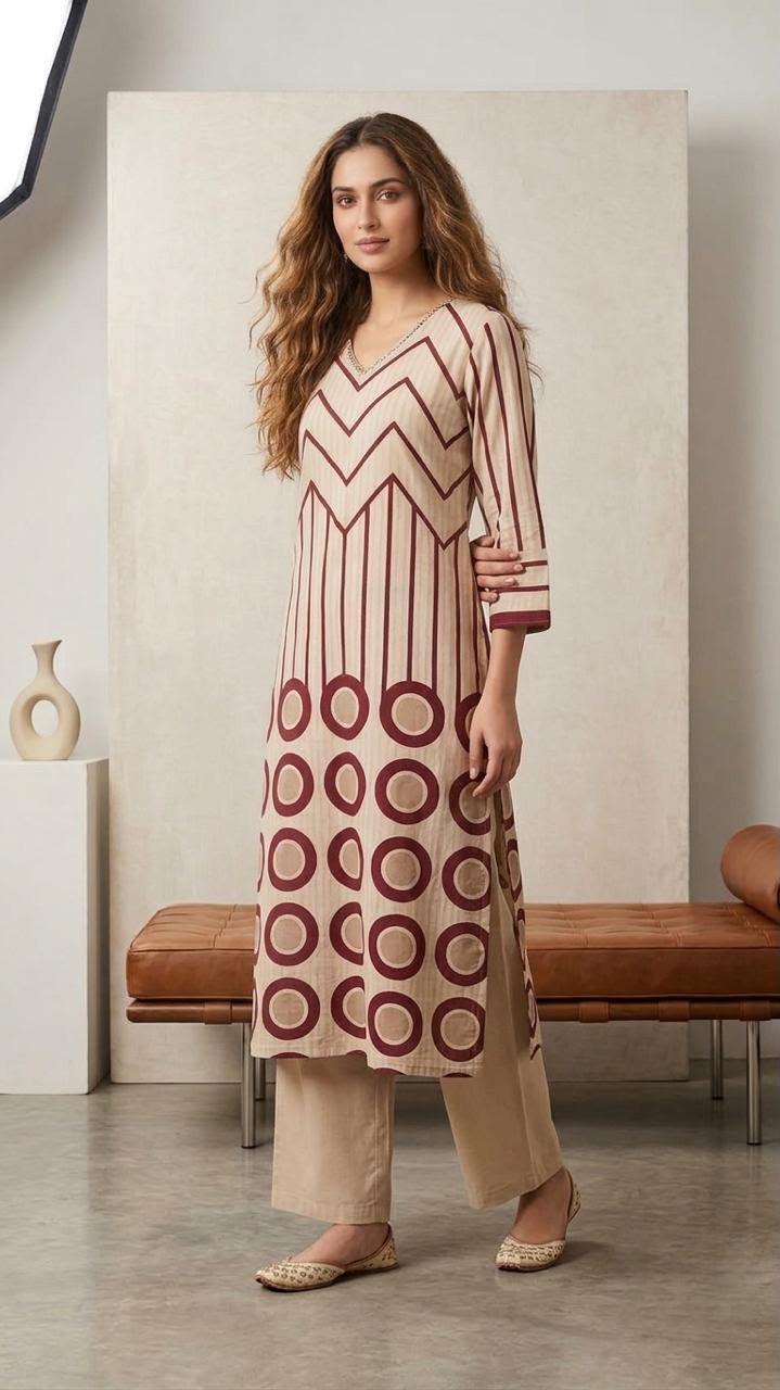 Beige Cotton Kurta Set with Maroon Geometric Print
