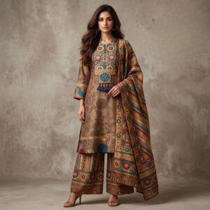 Mud Brown Tribal Embroidered Silk