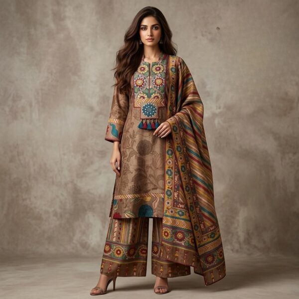 Mud Brown Tribal Embroidered Silk