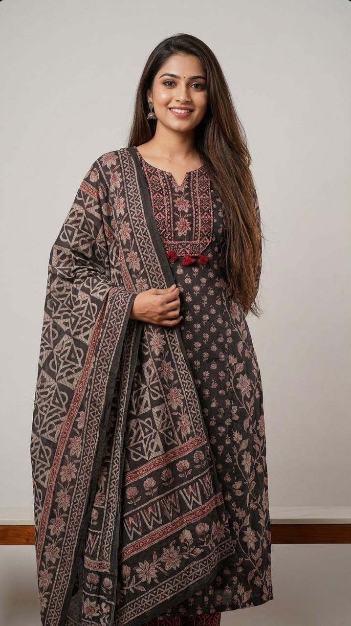 Charcol Black Ajrakh Print cotton suit