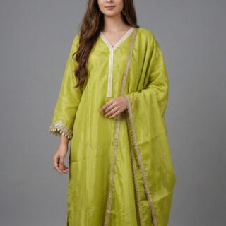 Lime Green Organza Suit Set with Zari Lace Detailing & Dupatta