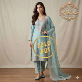 Aqua Blossom Embroidered Silk Blend Suit