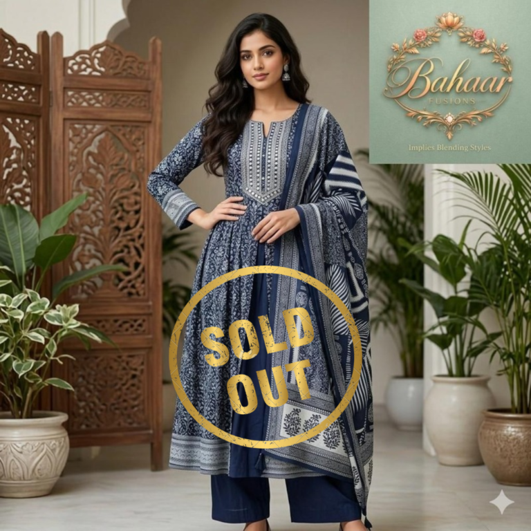 Indigo Bagh Print Anarkali Suit Set with Thread Embroidery