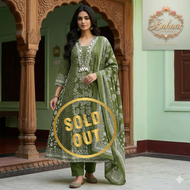 Mehendi Green Bandhani Print Anarkali Suit Set with Mirror Work