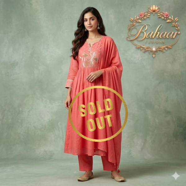 Coral Bloom Embroidered Flared Suit Set
