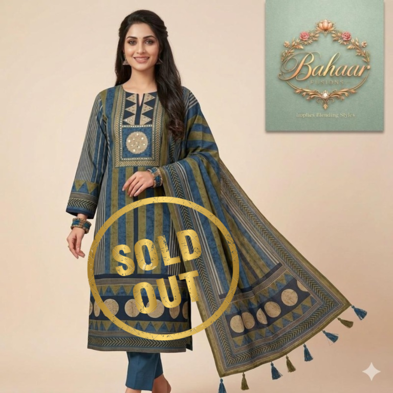 Indigo Olive Geometric Print Cotton Suit Set with Mirror Work