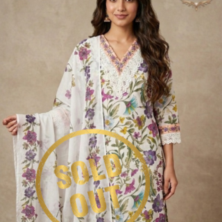 White Gardenia Floral Print Cotton Suit Set with Schiffli Lace