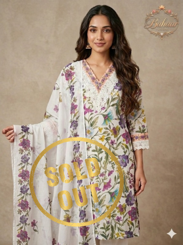 White Gardenia Floral Print Cotton Suit Set with Schiffli Lace