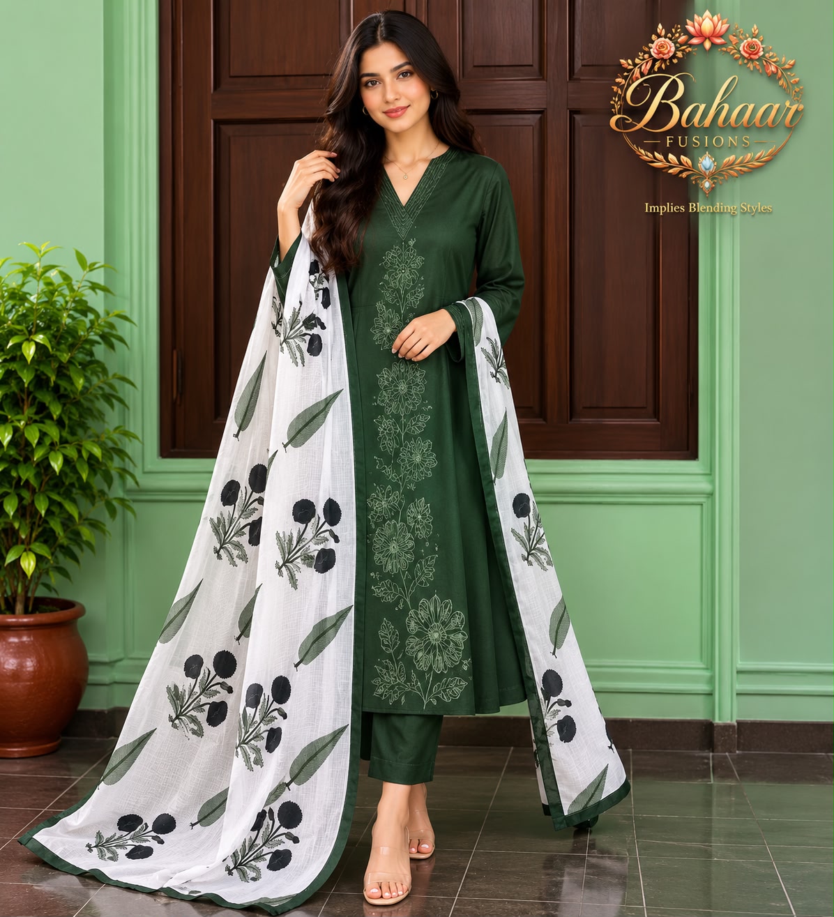 Dark Green Colour Cotton 3 Piece Suit