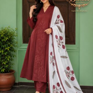 Mehroon Colour Cotton 3 Piece Suit