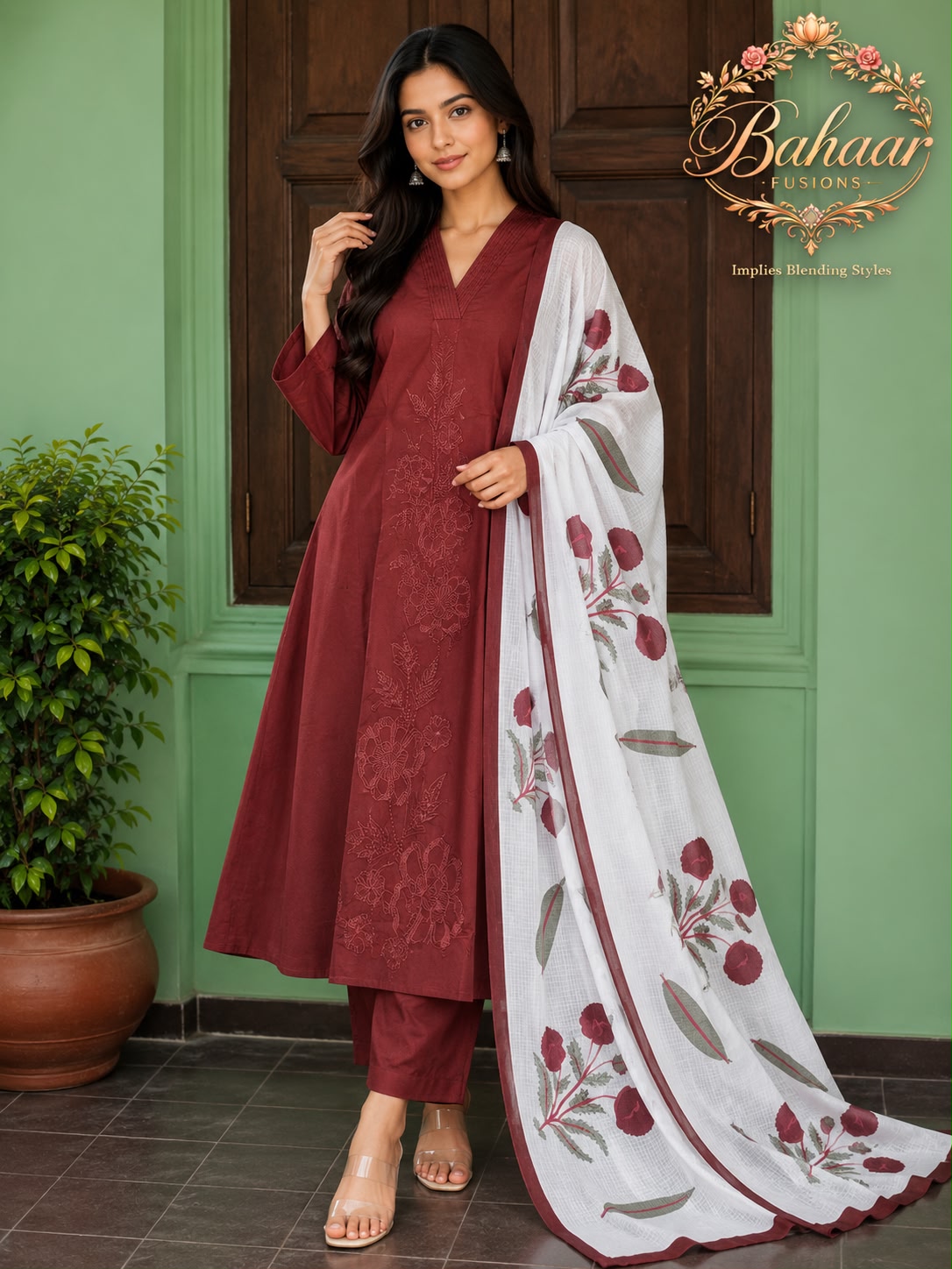 Mehroon Colour Cotton 3 Piece Suit