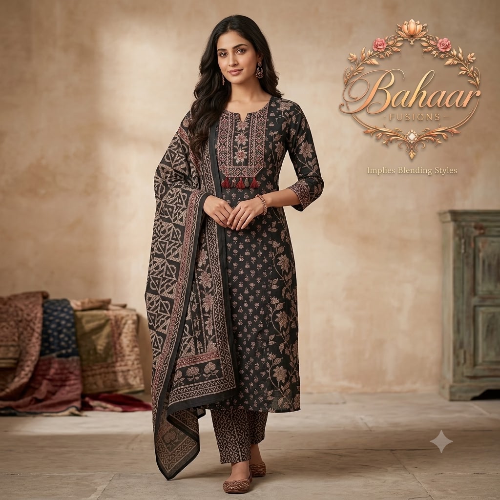 Charcoal Black Ajrakh Cotton Suit