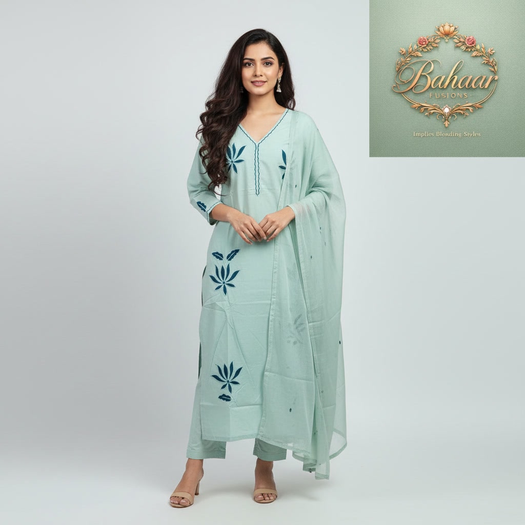 Sea Green Appliqué Embroidered Straight Cotton Suit with Cotton Dupatta