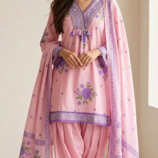 Baby Pink & Lavender Cotton Suit with Farshi Salwar Suit Set