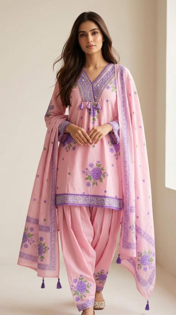 Baby Pink & Lavender Cotton Suit with Farshi Salwar Suit Set