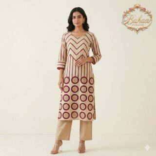 Beige Cotton Kurta Set with Maroon Geometric Print