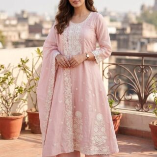 Blush Pink Chanderi Silk Suit Set with Ivory Dori Embroidery & Dupatta