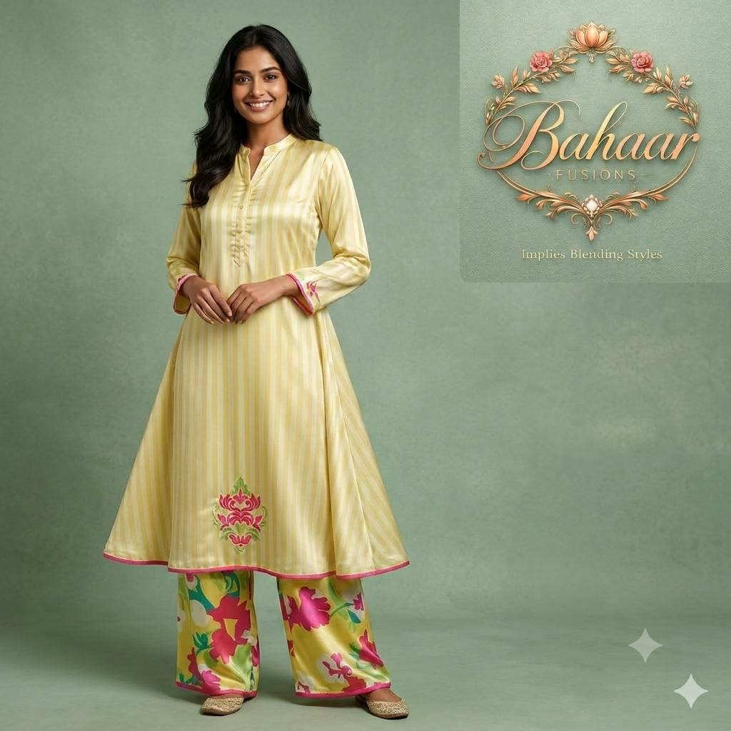 Lemon Yellow Striped Satin-Blend Kurta with Bold Floral Palazzo Set