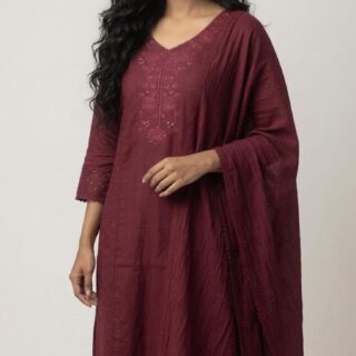Wine Maroon Cotton Suit Set with Tonal Embroidery & Schiffli Detailing  