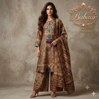 Mud Brown Tribal Embroidered Silk-Blend Suit Set with Printed Chiffon Dupatta