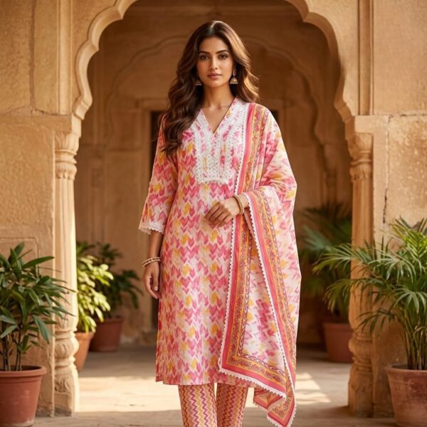 Blush Pink & Marigold ikkat Priint suit