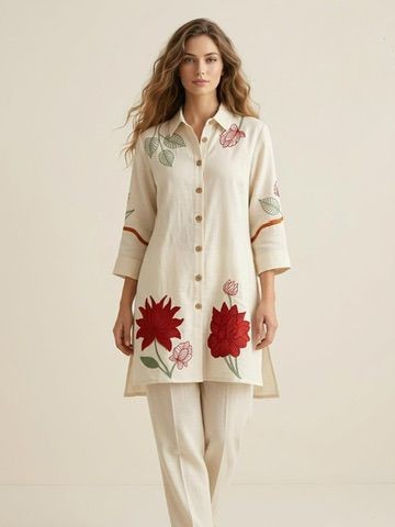  Beige Floral Embroidered Coord Set