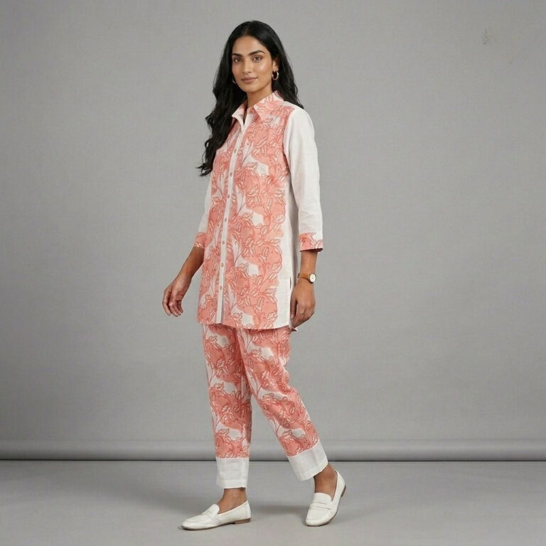 Peach & White Cotton Co-ord Set with Botanical Print & Color-Block Detailing