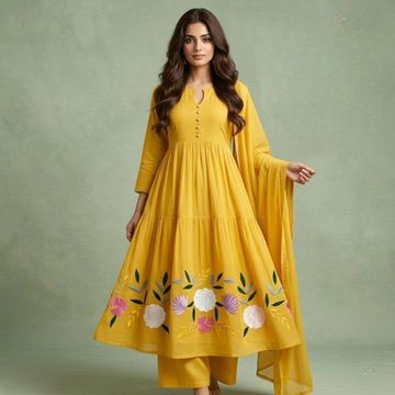 Mustard Yellow Tiered Anarkali Suit Set with Pastel Floral Appliqué & Potli Buttons