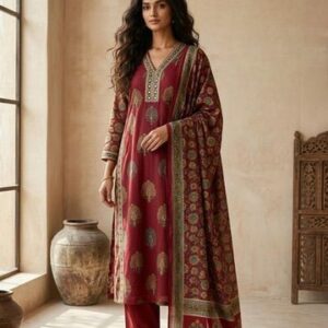 Maroon Ajrakh Printed Cotton Suit