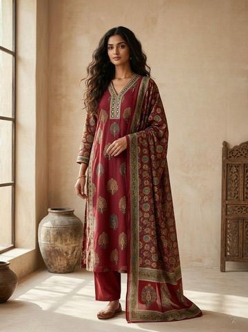 Maroon Ajrakh Printed Cotton Suit