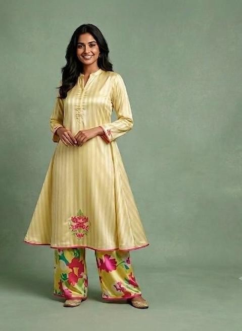 Lemon Yellow Striped Satin-Blend Kurta with Bold Floral Palazzo Set