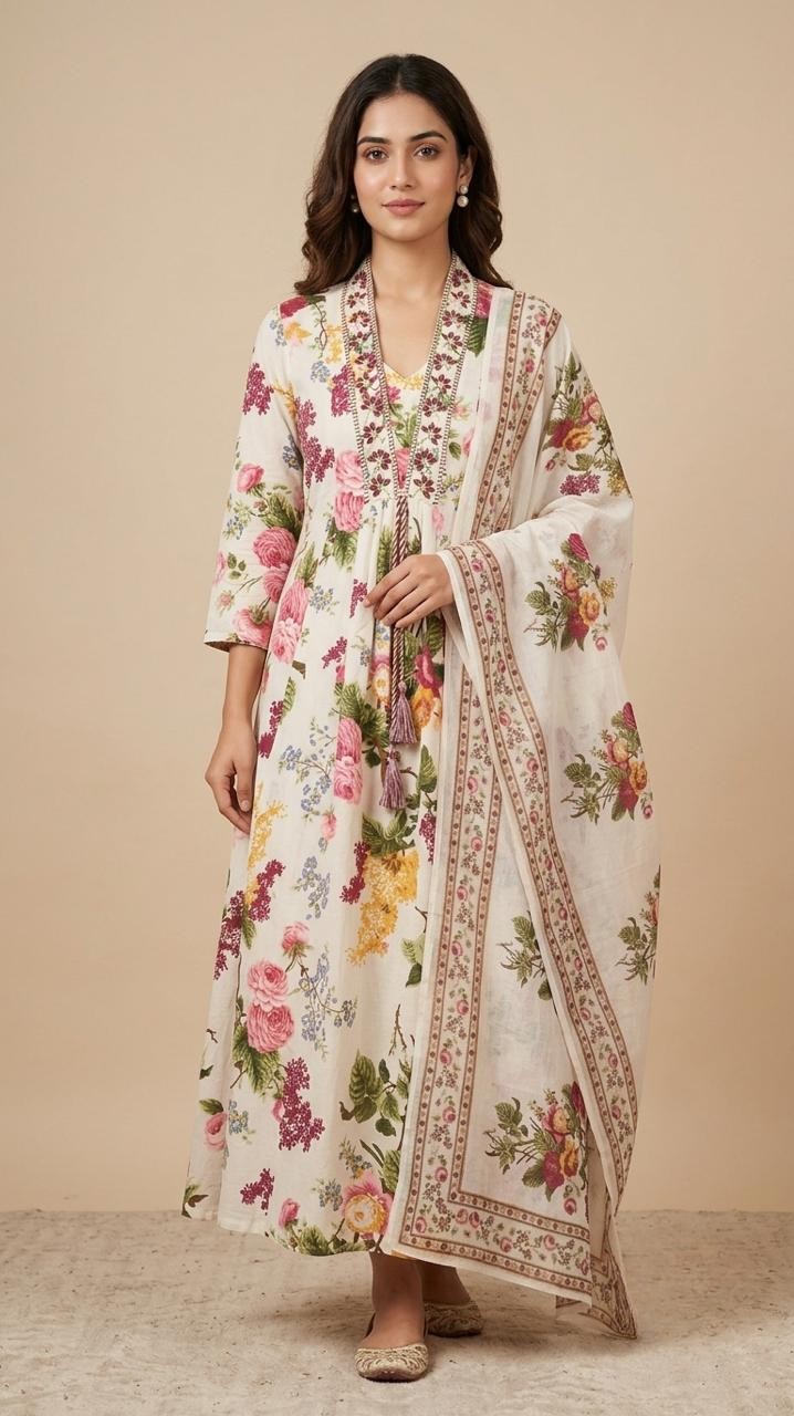 Cream Cotton Printed suit