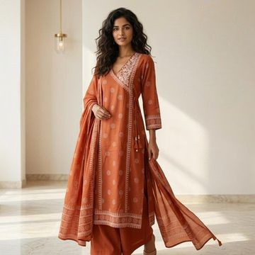 Rust Cotton Angrakha Suit Set